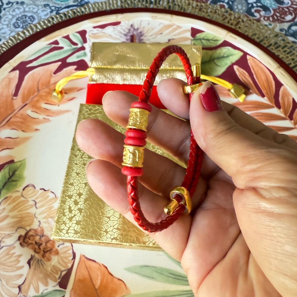 Lucky Red and with 24 Karats Gold Braided Bracelet